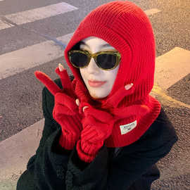 女士围脖一体针织保暖帽子秋冬季防寒手套户外连体儿童毛线斗篷帽