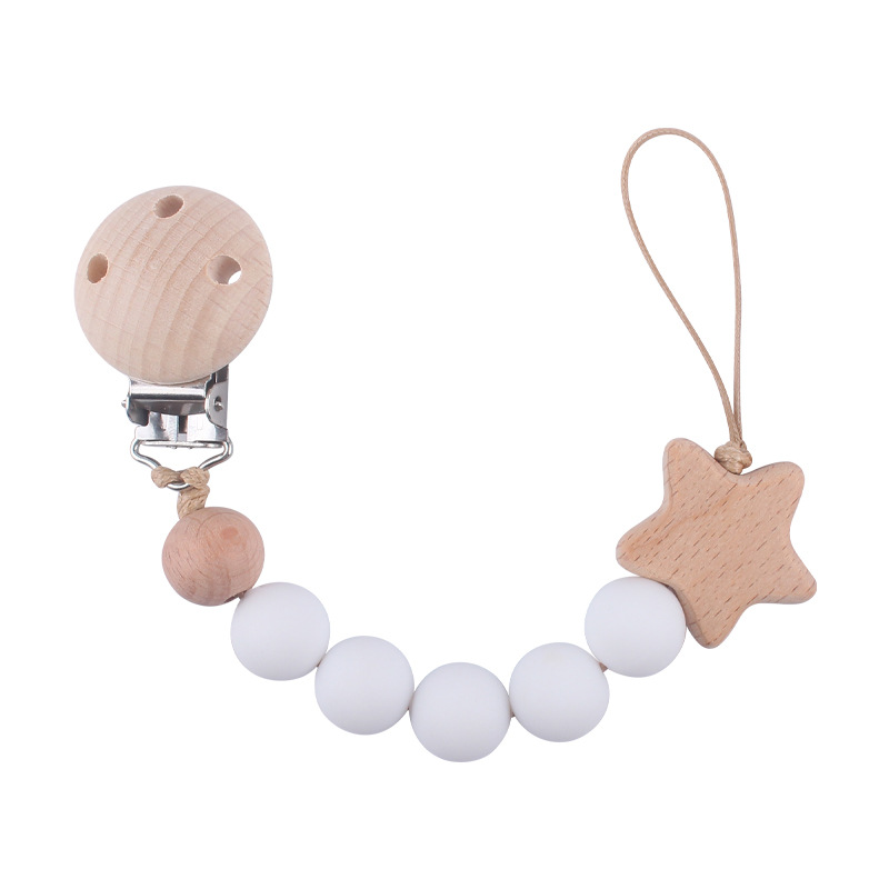 Nuevo bebé haya chupete clip calmante bebé cuentas de silicona estrella de haya de dibujos animados cadena de chupete cadena anti-gota