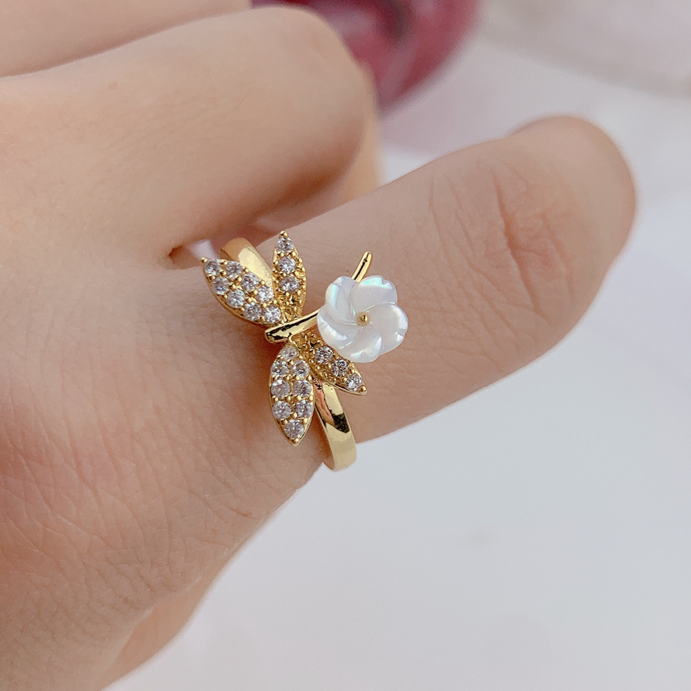 1 Piece Fashion Flower Alloy Plating Inlay Rhinestones Shell 18k Gold Plated Women's Open Ring display picture 1