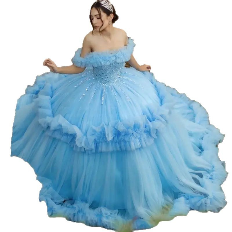 Vestido de boda azul ligero, vestido de noche de hombro, vestido de princesa de fiesta de cumpleaños, temperamento de alta calidad, vestido largo