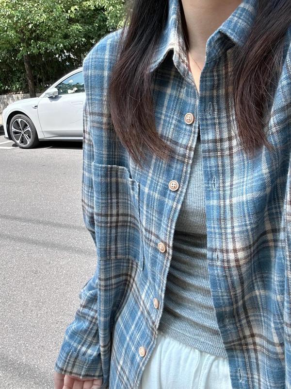 早秋格子长袖外搭衬衫女春秋宽松oversize原宿风休闲百搭衬衣外套|undefined
