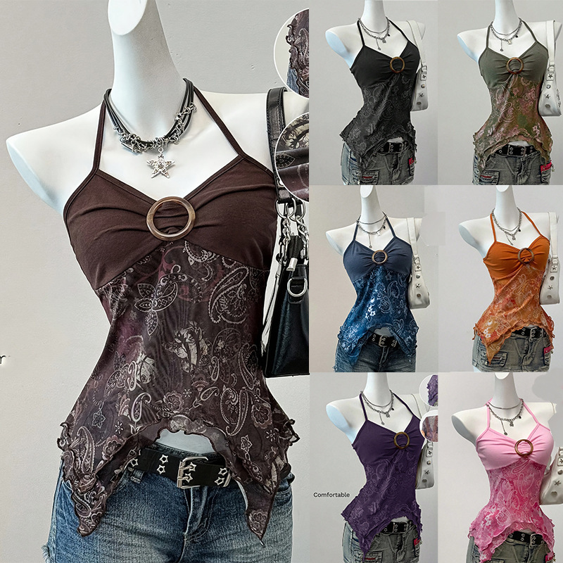 2025 New Hot Girl Style Halter Neck Camisole for Women with Printed Mesh Patchwork Slim Fit Sexy Tube Top