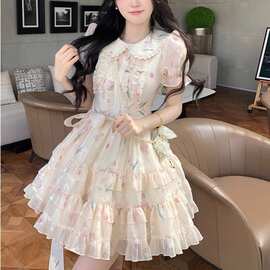 甜美娃娃领碎花连衣裙子女夏季法式初恋公主蓬蓬裙收腰小个子短裙