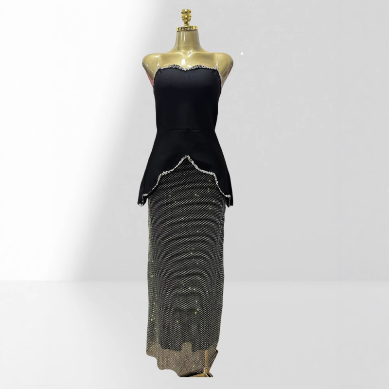 Cross-Border Independent Station Rhinestone Hemming Mesh Skirt Black Tube Top Skirt Suit Fashion Party Dinner Dress
