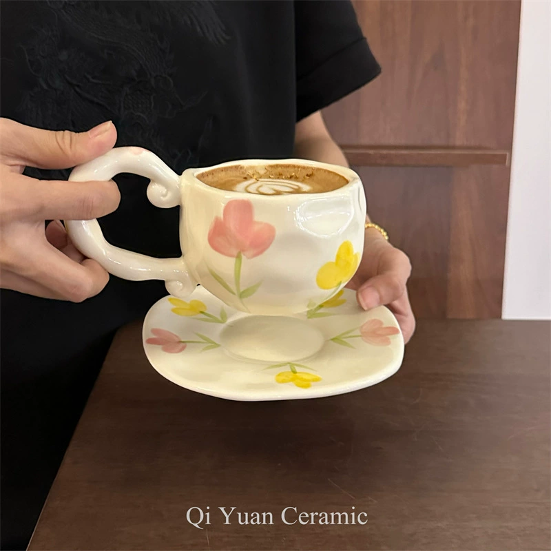 hand-painted ceramic coffee cup, francе retro из стиля, 300 мл, неравномерный милый дизайн