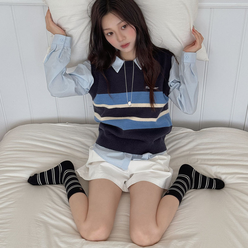 条纹无骨袜子女中筒袜秋冬新品椰壳扣微压撞色堆堆袜奶咖色长筒袜|undefined