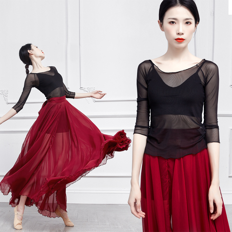 Classical yoga ballet latin dance mesh tops stage performance practice dance T-shirt adult contemporary dance acrobatics clothing
