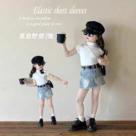 韩范夏季童装女童半高领弹力T纯色短袖上衣紧身T恤复古百搭修身衫