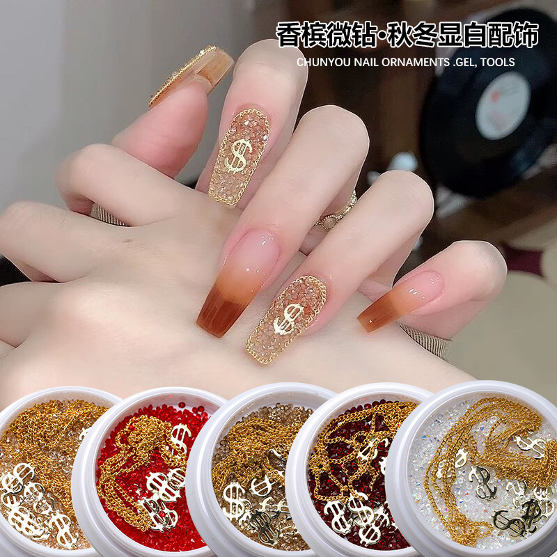 Champagne chaebol daughter gold temperament material nail art luxury new year red micro diamond money ultra-fine chain nail jewelry Champagne chaebol daughter gold temperament material nail art luxury new year red micro diamond money ultra-fine chain nail jewelry