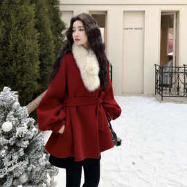 高级感圣诞新年红色狐狸毛围脖气质羊毛双面呢子大衣外套女冬新款