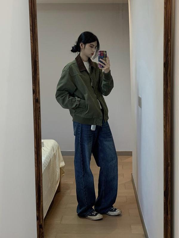 复古军绿色拼接棒球服外套女2025年春秋新款宽松设计感撞色夹克潮|undefined