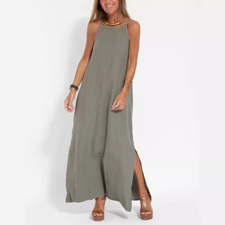Women's Clothing Fashion Casual Cotton Linen Slit Suspender Dress_ecoleips.com
