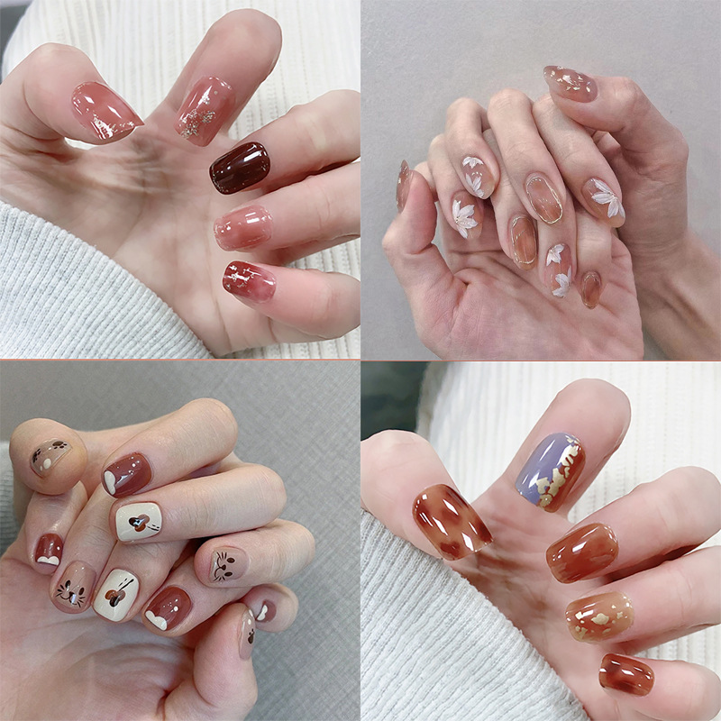 Autumn and Winter gentle sweet pure desire INS style nail wear nail piece Girl white printed ice transparent fake nail piece