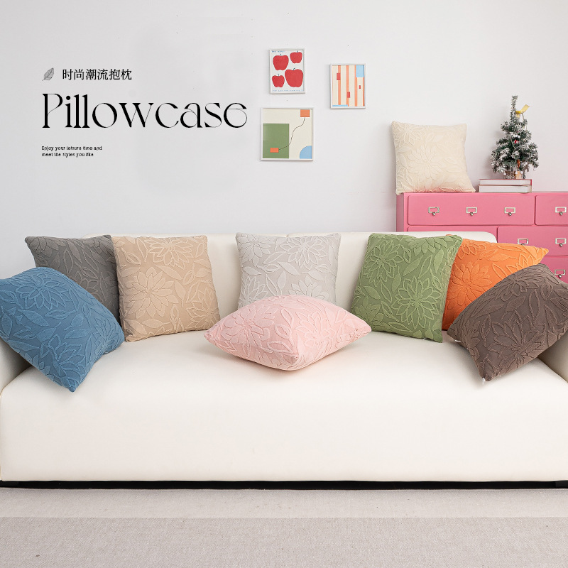 Cream Style Flower Simple Pillow Case Jacquard Velvet Living Room Office Car Decorative Pillow Removable Washable Pillow Case