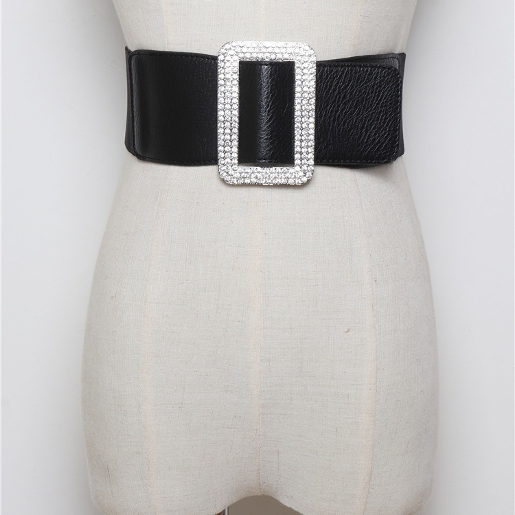 Moda todo partido flash diamante plata hebilla cuadrada cintura elástica pu cuero corsé cinturón con vestido ancho cintura sello de una sola pieza entrega