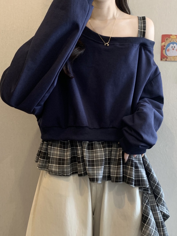 宽松斜肩格子拼接长袖卫衣女秋季2025新款大码胖mm假两件遮肚上衣|undefined