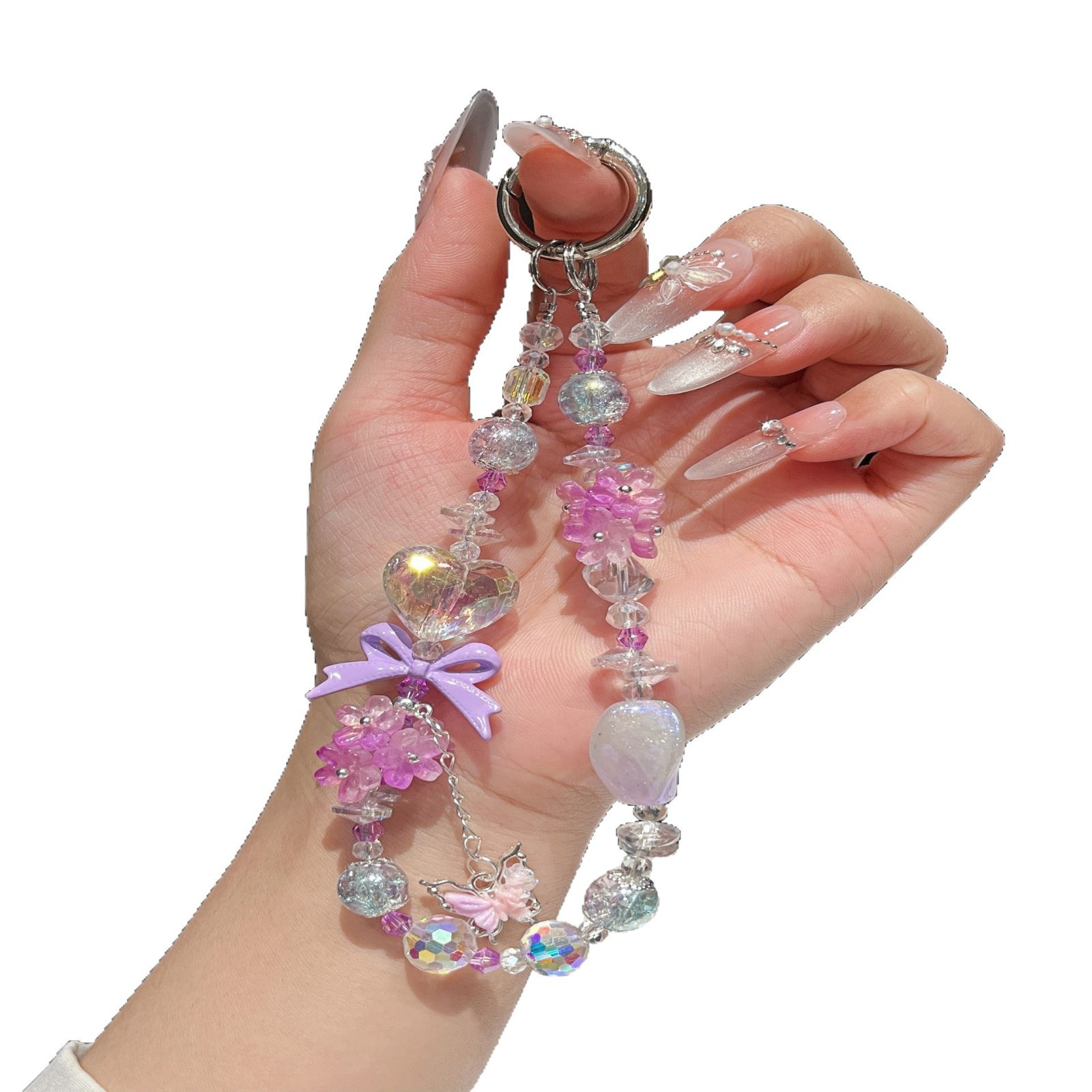 Ramo de flores de cristal fresco, amor, jade, mariposa, borla, cadena de teléfono móvil, cordón con cuentas de muñeca de alta gama femenina