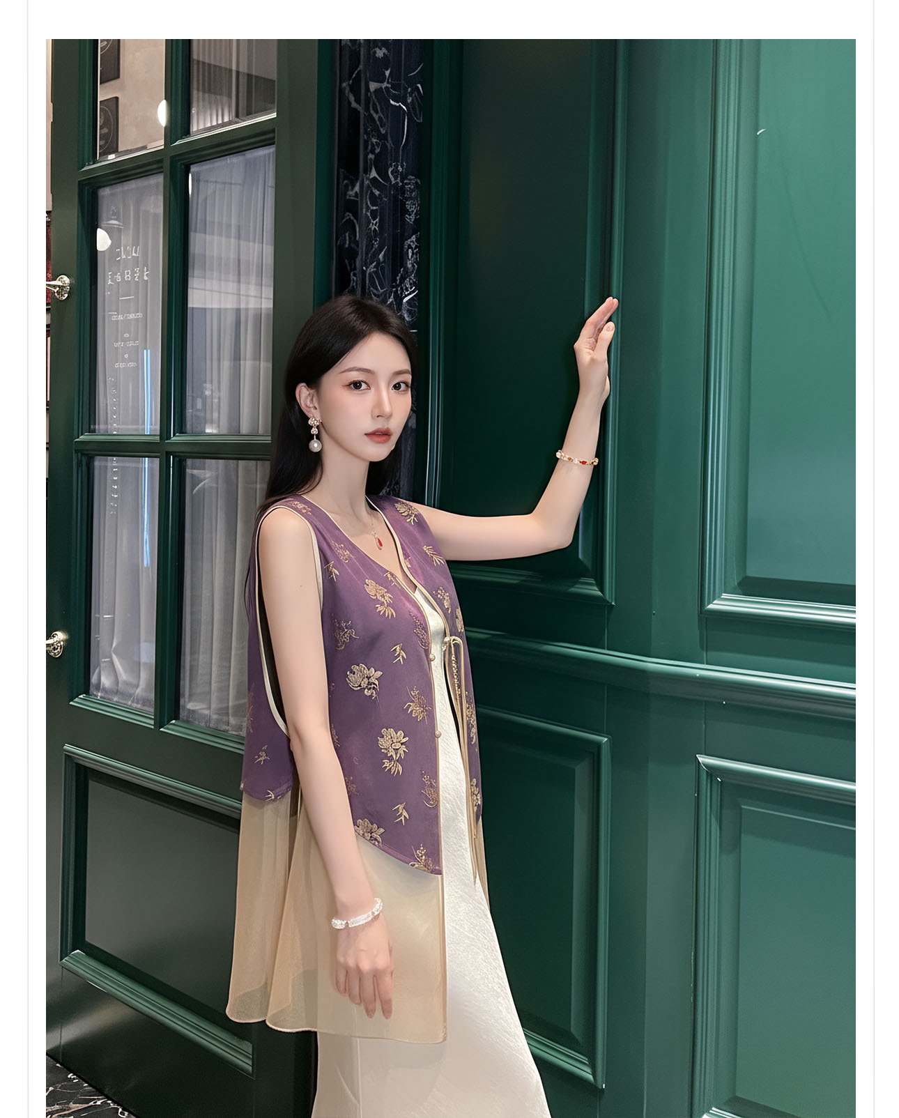 Áo gile nữ phong cách quốc phong phối ren hoa văn vải satin — màu tím chi tiết 11
