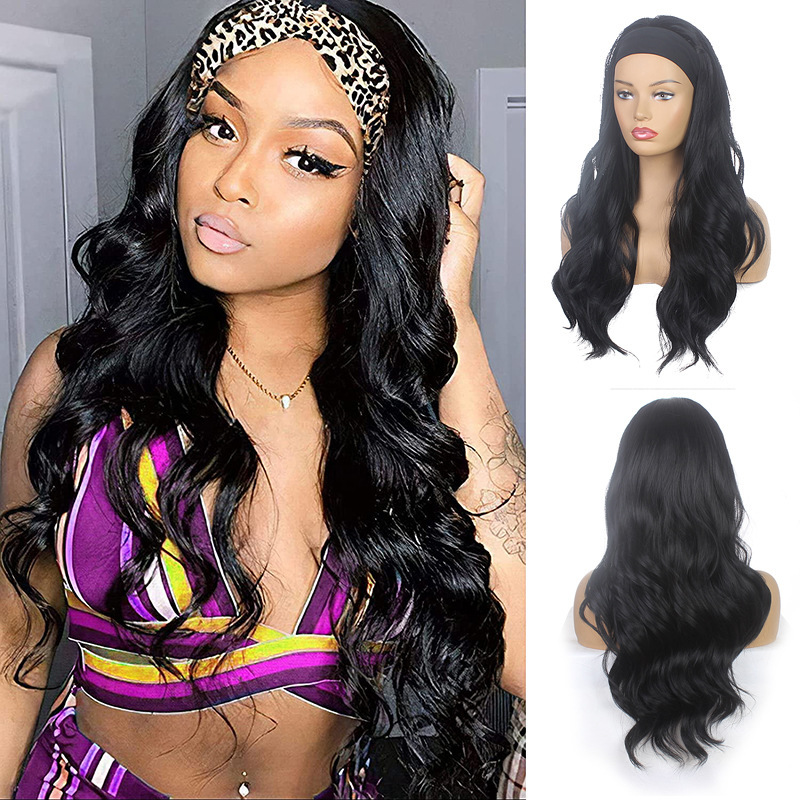 Wig European and American women's long curly hair African long straight hair chemical fiber hair cover hair band wig cross-border new custom headscarf