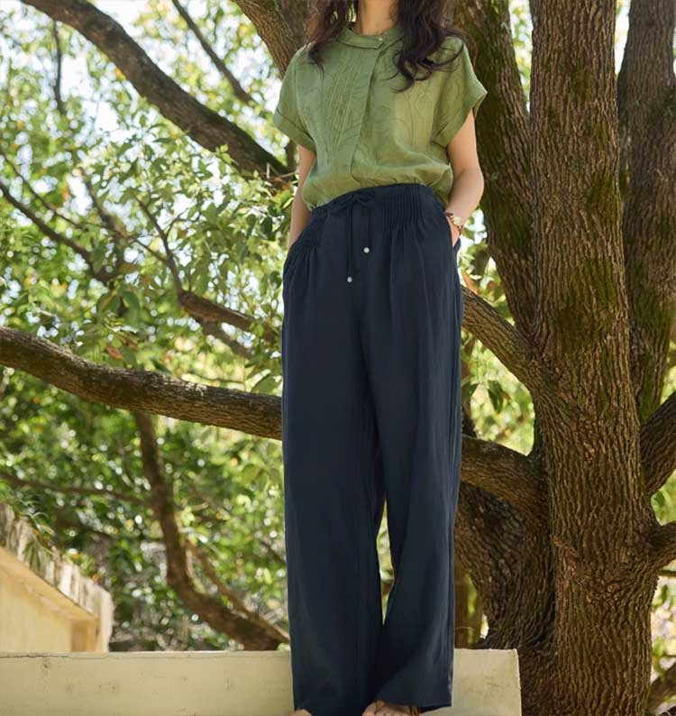 Áo sơ mi nữ linen họa tiết jacquard cổ ve không đối xứng tay ngắn — Mây trắng, Xanh lông mòng tre chi tiết 6