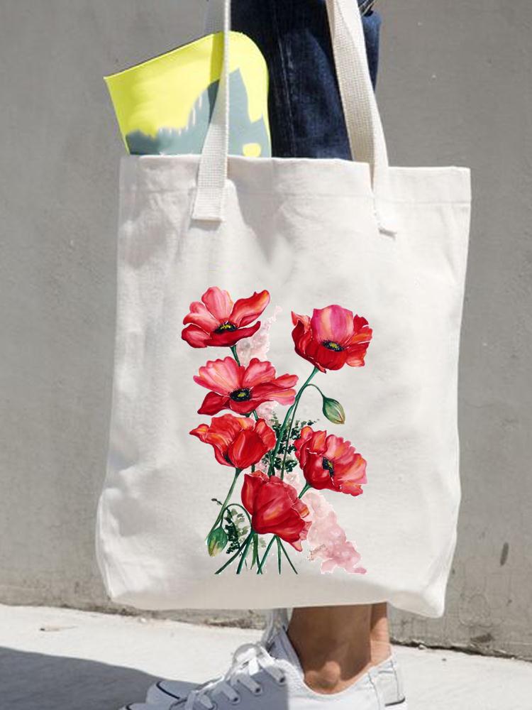 跨境外贸水彩花卉植物印花帆布包原宿单肩包学生时尚手提袋购物袋