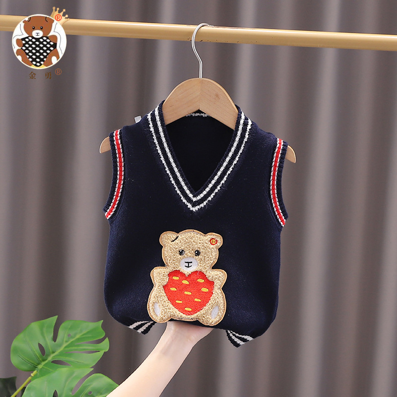 [Oso Jin Yong] de los niños británicos estilo preppy oso bordado chaleco primavera color sólido bebé nuevo algodón superior hilo
