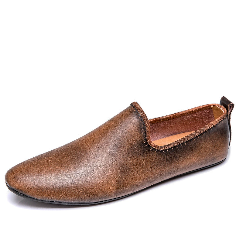 Мужские лоферы весна 2025, низкий каблук, мягкая кожа, мягкая подошва, ретро,  обработанная коровья кожа, универсальные, круглый носок, плоская подошва