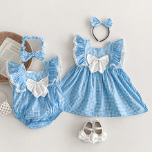 24夏季婴儿衣服女童短袖蓝色格子婴儿三角爬服女宝宝连衣裙姐妹装