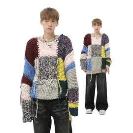 MTLCLOTHES男装|秋款新品 重工艺宽松拼色流苏慵懒圆领针织毛衣潮