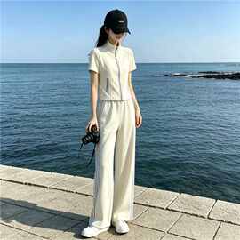 深圳南油夏季运动套装女2026年超火宽松减龄条纹高腰阔腿裤两件套