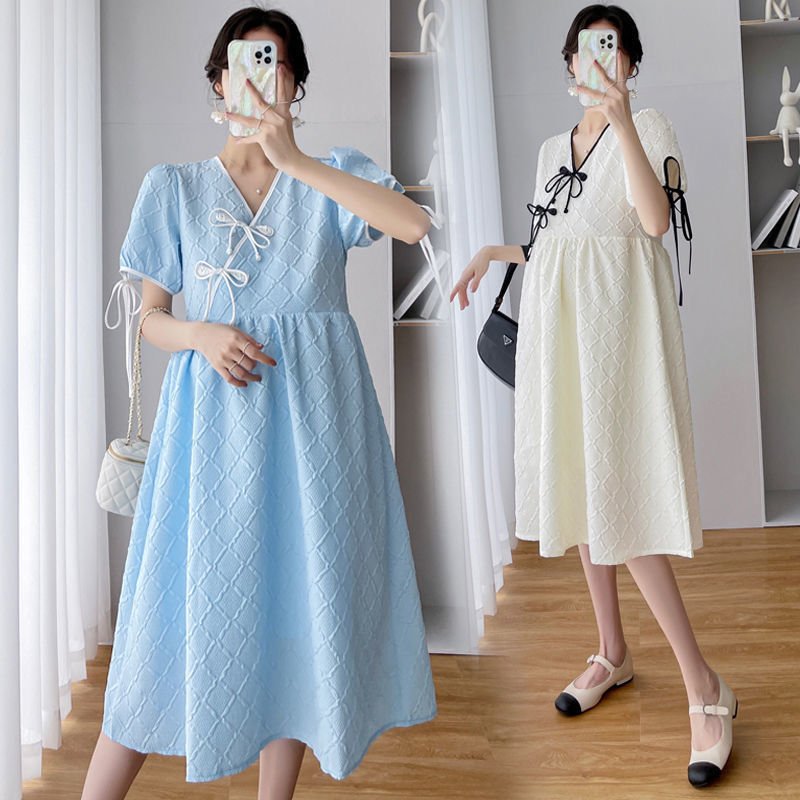 Pregnant Women Summer Women's Solid Color Cheongsam Dress High-end Sense Fashionable Fragrant Style Design Sense Pregnant Women's Dress Small Women's Dress Trendy