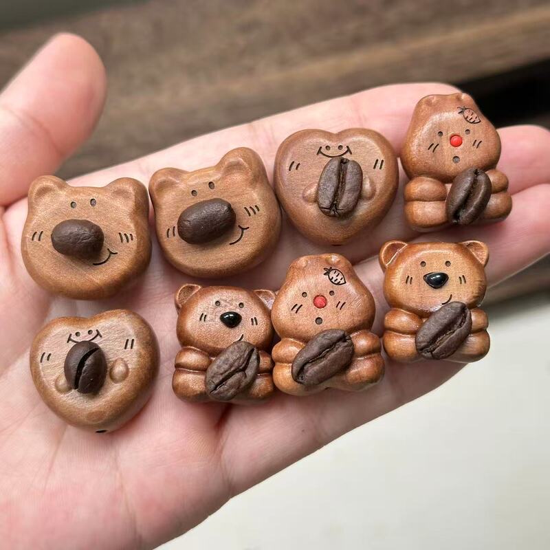 Old Peach Wood Coffee Bean Bear Bag Hanging Heart Accessories Loose Beads DIY Jewelry Accessories Beaded Bracelet Necklace