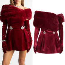 名媛气质优雅风丝绒短裙2025秋冬新款抹胸多穿法毛领设计连衣裙女