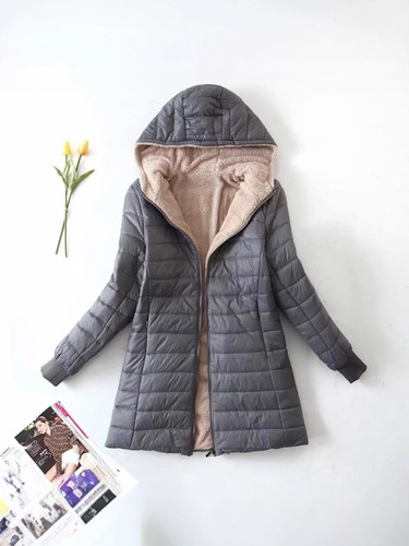2025 Autumn/Winter New Korean Style Thick Fleece Lined Hooded Mid-Length Slim Fit Warm Lamb Wool Cotton Jacket for Women