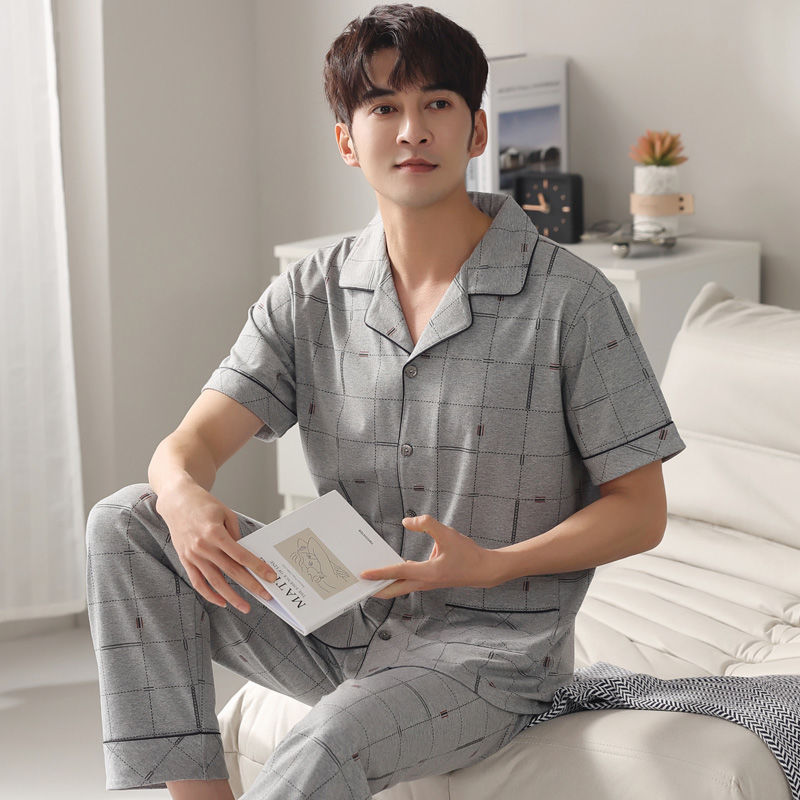 Pijamas de los hombres de verano 100% algodón pantalones de manga corta de media manga de primavera y otoño delgada cardigan ropa para el hogar más tamaño