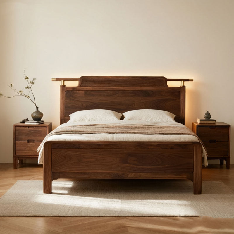 High-End Song-Style Aesthetic North American Black Walnut and Ash Wood Double Bed, New Chinese-Style Solid Wood Bedroom Hotel Bed