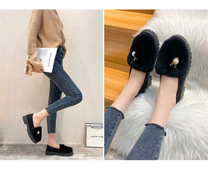 Giày lười nữ lông thỏ thật giữ ấm, đế dày gót vuông 3-5 cm, kiểu Hàn — Màu xám, Màu đen chi tiết 15