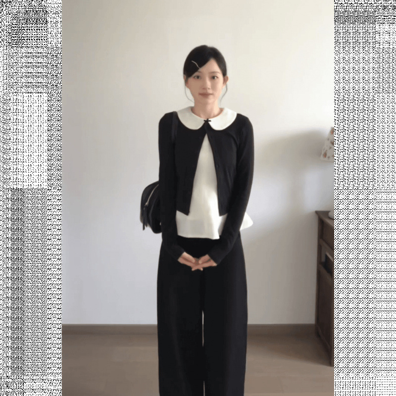 韩系甜美穿搭一整套女秋季黑色针织开衫娃娃领打底上衣宽松阔腿裤|undefined