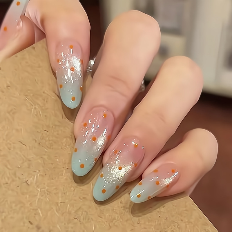 [Original by Ling Luo] Mint Green Gradient Polka Dot Fairy-Like Gentle White-Enhancing Cat Eye Handmade Nail Art Wearable Nails Wholesale
