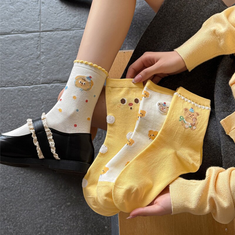 Autumn and Winter Socks for Women, Cute Preppy Style Butter Bear Mid-Calf Women's Socks, Cartoon Embroidered Women's Boneless Long Cotton Socks Autumn and Winter Socks for Women, Cute Preppy Style Butter Bear Mid-Calf Women's Socks, Cartoon Embroidered Women's Boneless Long Cotton Socks