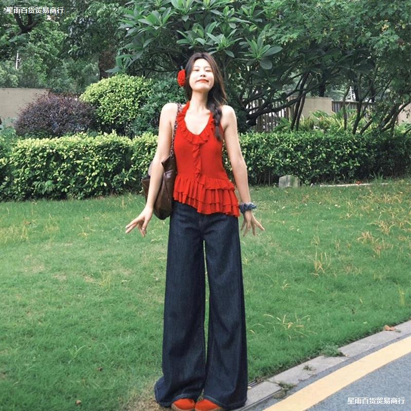 今年流行的女装套装纯欲风无袖挂脖红色露背吊带背心牛仔裤两件套|undefined