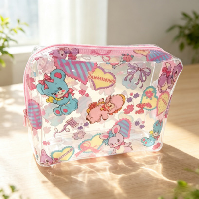 Transparent PVC toiletry and makeup bag, custom-made, featuring cute cartoon designs, portable, large capacity, and ideal for travel and storing skincare products