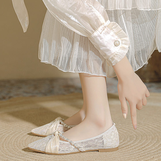 French style elegant women's shoes flat 2024 new fairy style Pearl bridesmaid single shoes mesh breathable gentle sandals for women