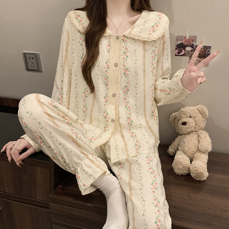 云朵棉睡衣女2025春秋季新款韩版公主风碎花薄款长袖家居服两件套|undefined