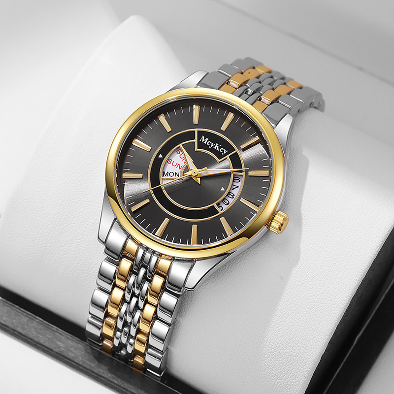 McyKcy transfronterizo nuevo reloj de cuarzo doble calendario de aleación de acero reloj de negocios impermeable venta directa de fábrica al por mayor