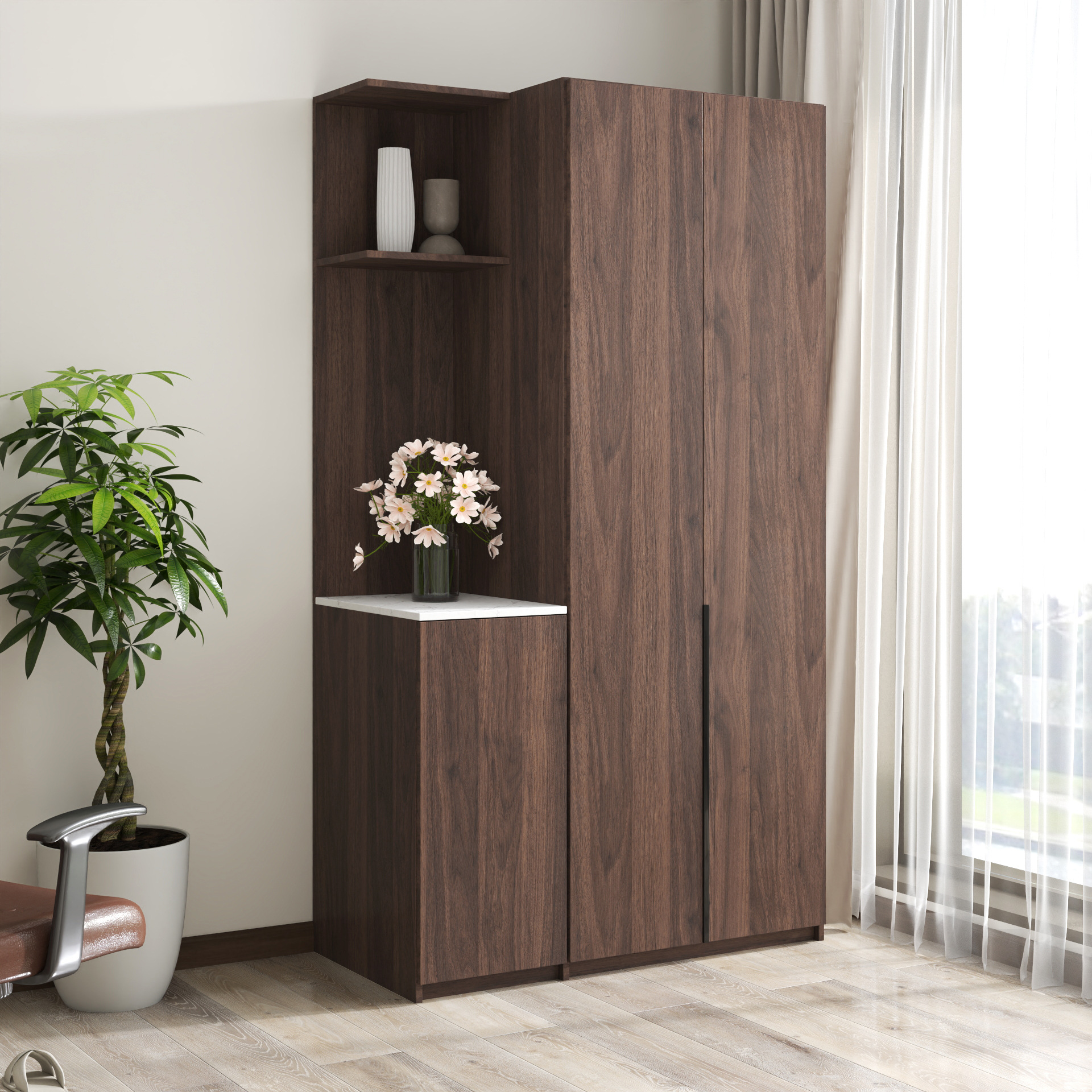 Estante de equipaje de hotel moderno y de moda, escritorio de madera con armario simple y práctico