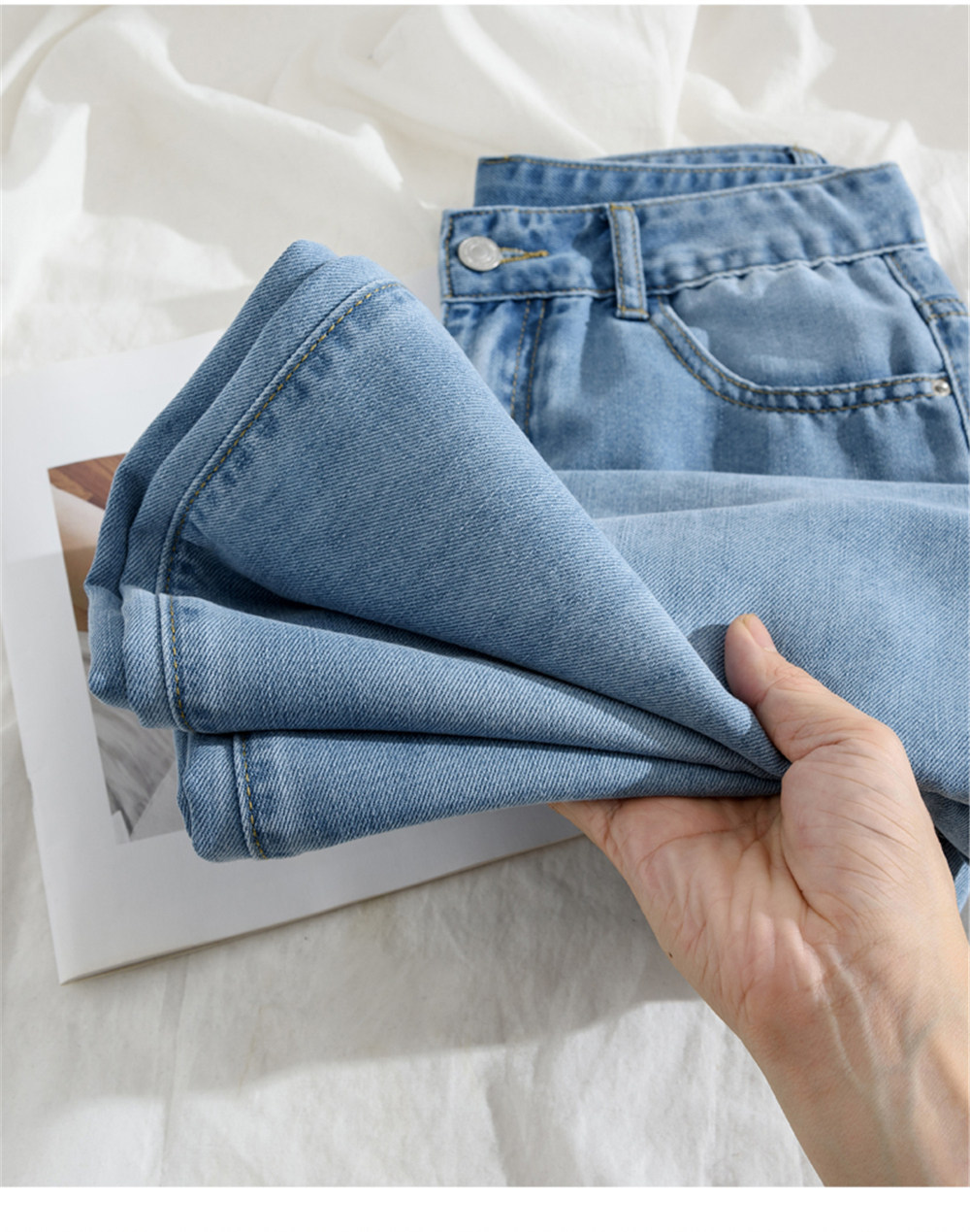 Quần jean ống rộng nữ cạp cao vải lụa mỏng mùa hè — Vintage màu xanh mở rộng chi tiết 9