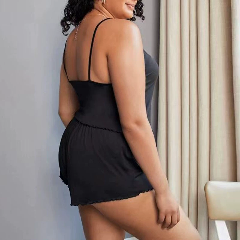 Костюм топ и шорты женский, европейский стиль, plus size с чашками, цветочный принт (чёрный)