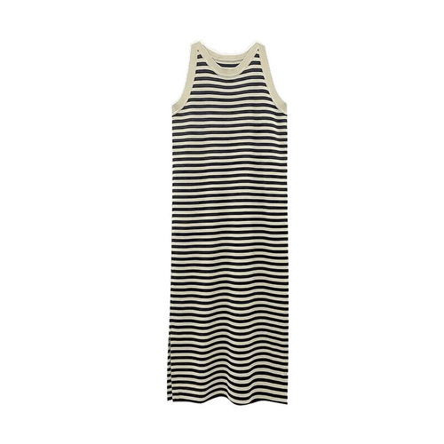 Spring New French Sleeveless Elegant Slimming Long Dress for Petite Women Striped Cut-out Needle Back V Neck Dress