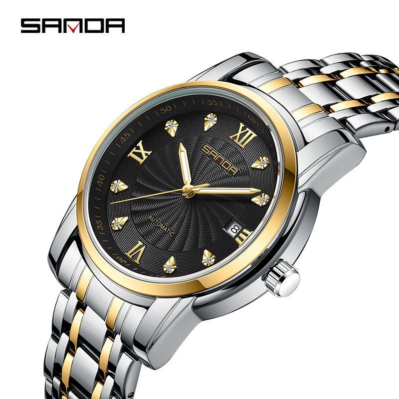 Sanda 7007 correa de acero para hombre reloj mecánico automático transparente inferior rhinestone moda manual reloj mecánico
